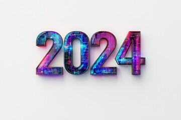 The year 2024 is prominently displayed in bold, colorful letters, showcasing a mix of digital patterns and textures. This representation signifies excitement for the new year ahead.