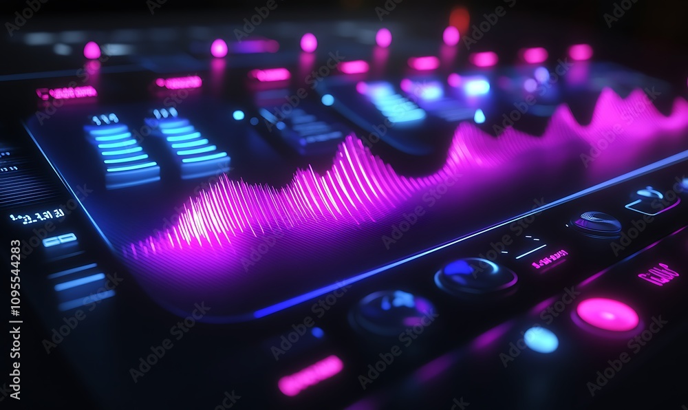 Poster a vibrant digital audio interface displaying sound waves and controls for music production.