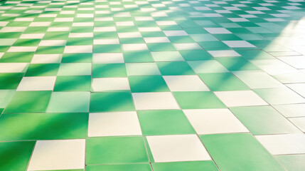 Explore vibrant green light shadows casting intricate patterns on a tiled floor, creating a stunning geometric design.