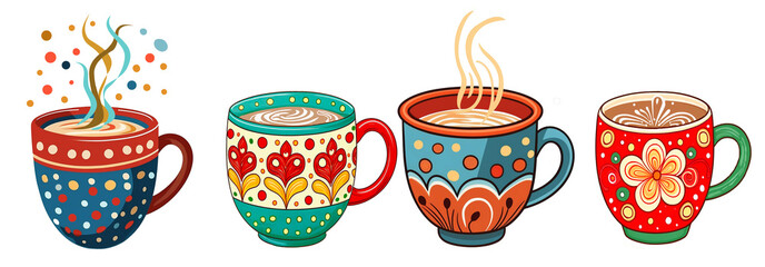 Set of whimsical Christmas mugs of steaming hot cocoa. Different colorful ceramic cups of hot chocolate, hygge warm winter holiday feeling.