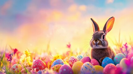 Fototapeta premium Delight in the sight of a cute bunny nestled among vibrant Easter eggs in a blooming meadow during spring dusk.