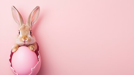 Fototapeta premium A cute brown rabbit peeks from a cracked pink egg, symbolizing Easter and the joy of new beginnings in spring.