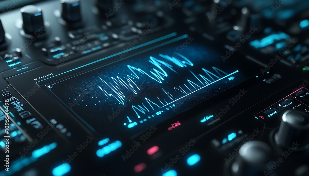 Poster close-up of a digital audio mixer displaying sound waveforms and controls.