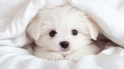Obraz premium A charming white puppy with soft eyes peeks out from cozy sheets, radiating warmth and innocenceperfect for pet enthusiasts.