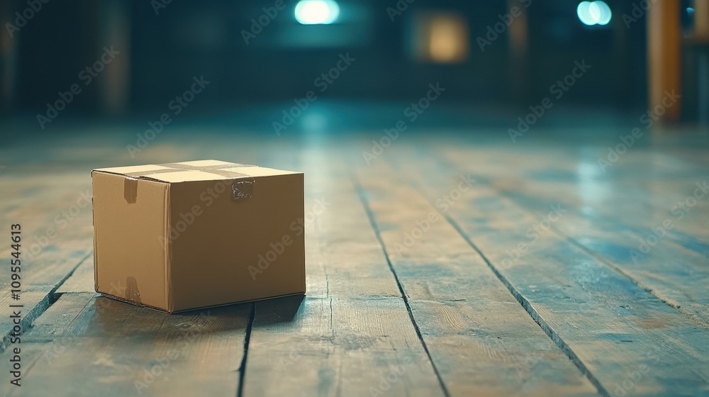 Poster a simple cardboard box is casually placed on a wooden floor, creating a minimalistic and serene atmo