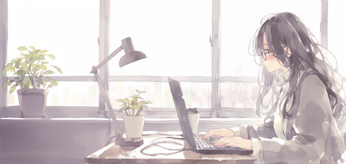 在宅ワークをする女性。イラスト。水彩画。アニメ。バナー背景。