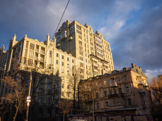 evening sunlight shedding on the historical buildings in winter kyiv