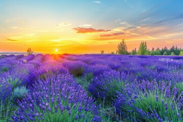 Beautiful lavender sunset over floral meadow with moody sky.