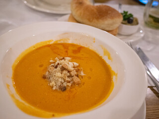 lentil soup on the table in tatar restaurant in capital kyiv