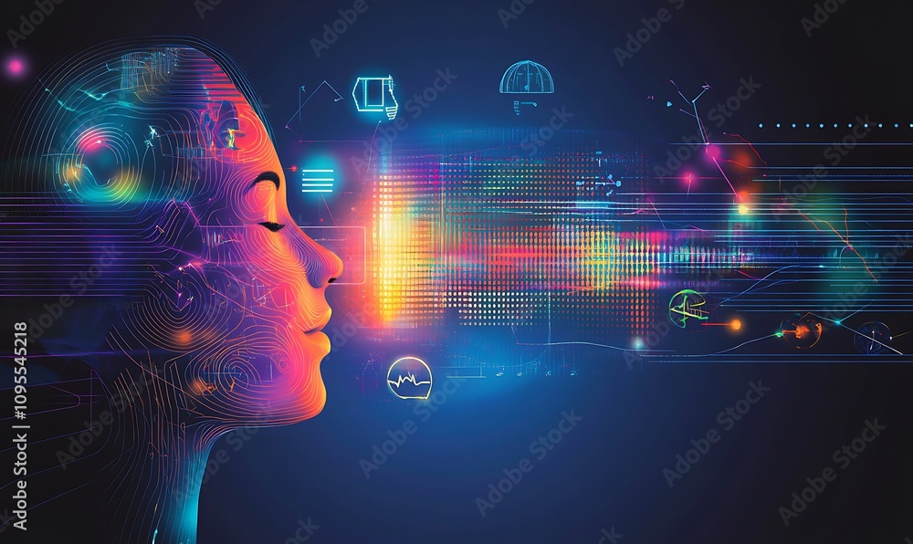 Poster a digital representation of a human head with vibrant data streams, symbolizing technology and consc