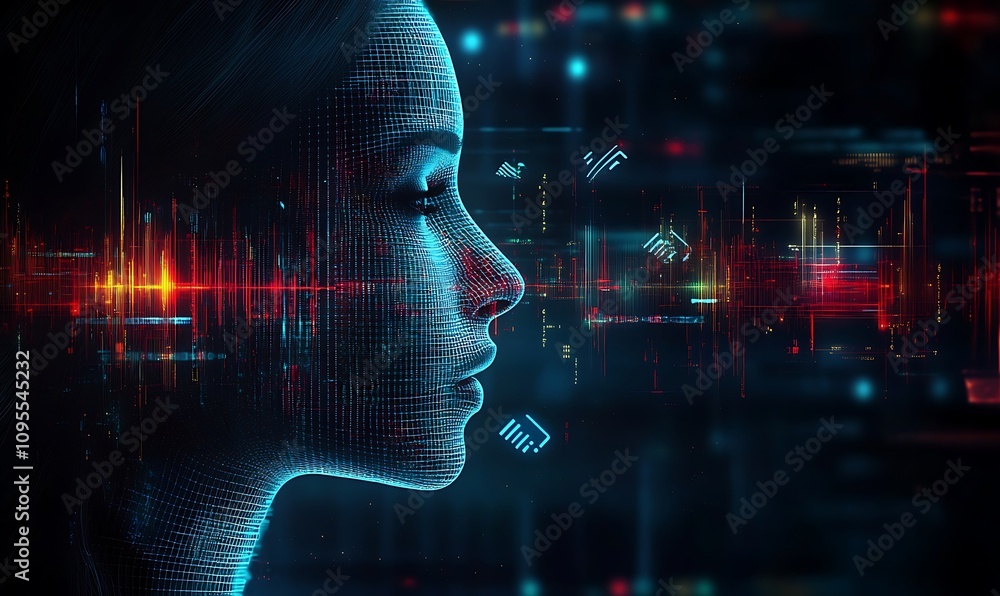 Poster A digital representation of a woman's profile with abstract data elements and glowing patterns.