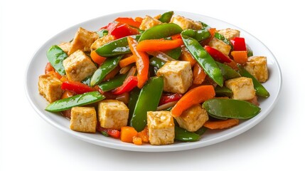 A delicious plate of veggie stir-fry with tofu, bell peppers, snap peas