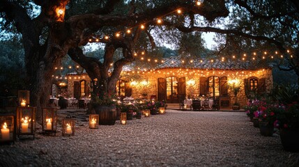 Charming Outdoor Restaurant with Festive Lights and Cozy Atmosphere Surrounded by Lush Trees and Lanterns on a Peaceful Evening