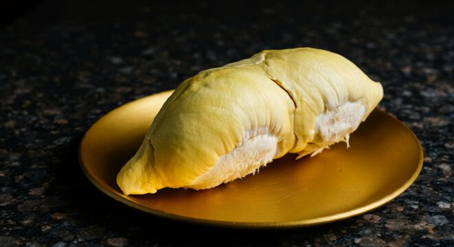 A piece of durian flesh on a golden-yellow plate