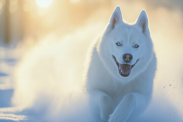 Portrait of a happy dog running in snow at winter with space for text