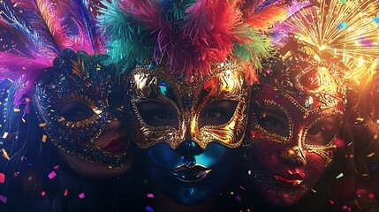 Glittering skyline illuminated by colorful fireworks bursting high above while vibrant masquerade masks and confetti fill the joyous crowd welcoming the new year together 