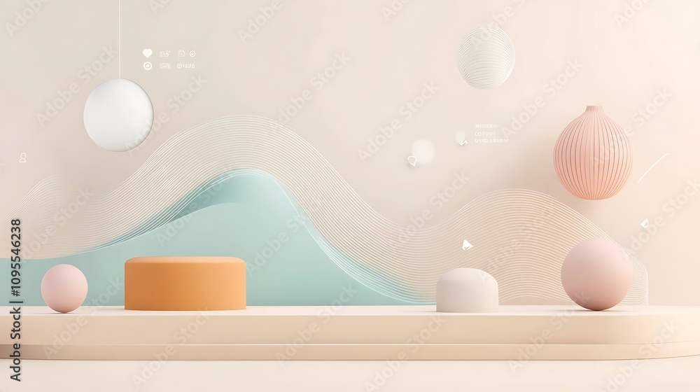 Poster abstract composition with soft shapes and pastel colors, creating a serene atmosphere.