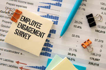 EMPLOYEE ENGAGEMENT SURVEY. text on sticker and charts.