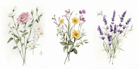 Watercolor Floral Bouquet Collection with Pink Roses Lavender Daisies Wildflowers and Green Leaves for Wedding Stationery Wallpapers and Prints