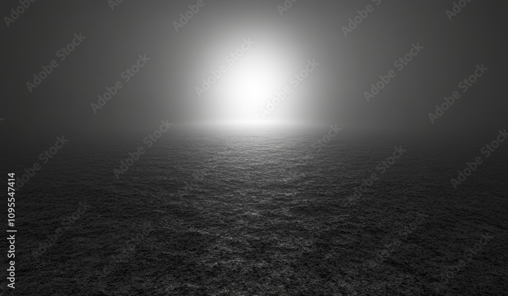 Poster foggy desolate landscape with glowing light source and textured terrain