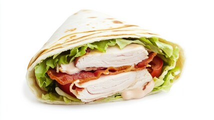 Obraz premium A delicious turkey club wrap with sliced turkey, crispy bacon, lettuce