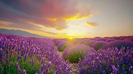 Lavender field at sunrise with a bright yellow sky.