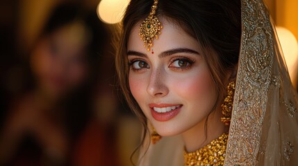 Beautiful young woman with intricate jewelry and elegant attire, smiling softly while wearing a traditional dress, perfect for showcasing cultural beauty and grace in portrait photography.