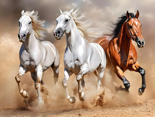 Galloping horses kicking up dust in motion blur