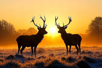 Stunning sunrise with deers in foggy mountain landscape showcasing wilderness and natural beauty
