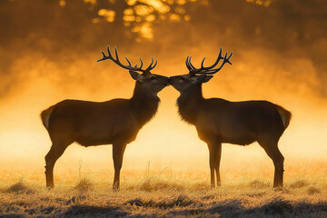 Stunning sunrise with deers in foggy mountain landscape showcasing wilderness and natural beauty