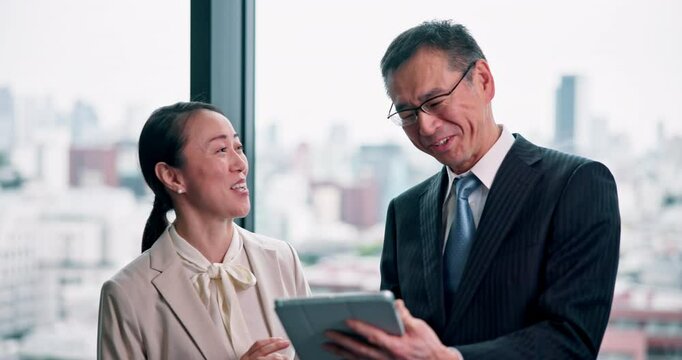 Tablet, mentor and teamwork with business people in Japan firm for portfolio manager, client feedback and results. Planning, advisor and news with asian man and woman in investment banker company