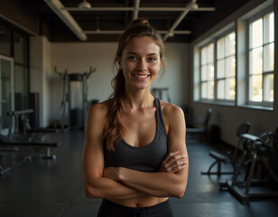 Fototapeta premium in the GYM, a woman dressed sportswear, arms crossed, smiling