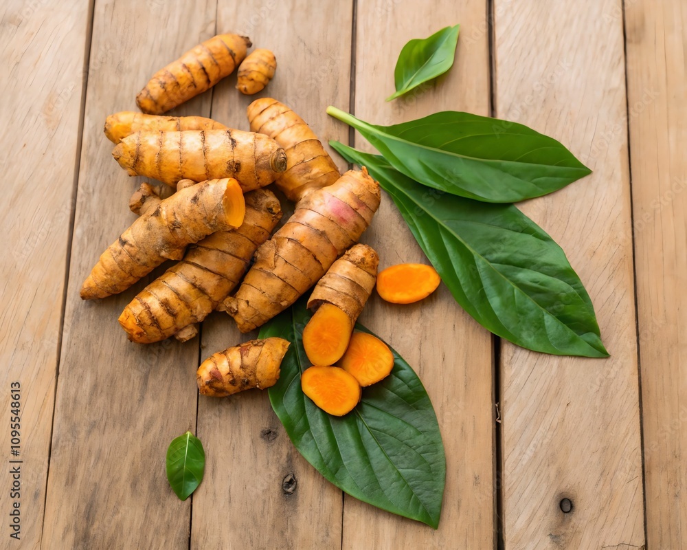 Poster fresh turmeric and ginger roots displayed on a rustic wooden surface. ideal for healthy food and nat