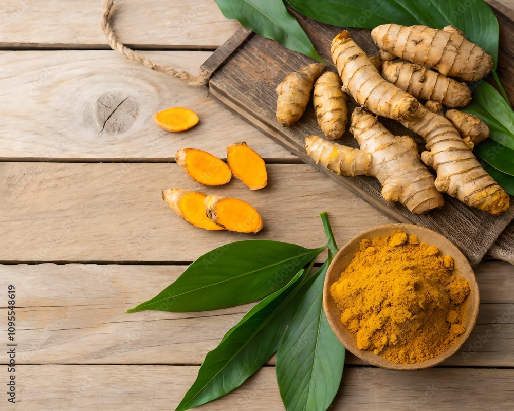 Poster fresh turmeric and ginger roots displayed on a rustic wooden surface. ideal for healthy food and nat
