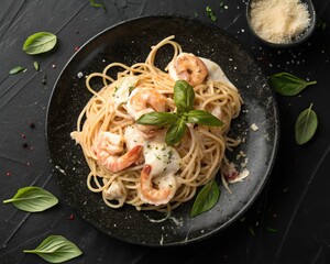 Moody Top View of Creamy Garlic Shrimp Scampi Spaghetti Pasta Garnished with Fresh Basil on a Dark Rustic Black Plate.
