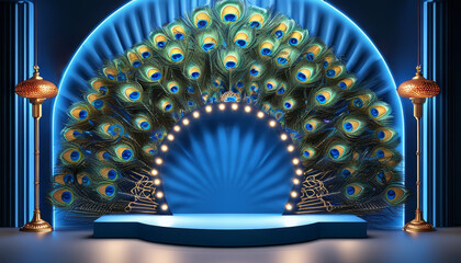 Blue Luxury Diwali Peacock product display podium concept, luxury Indian cosmetic product display podium on gorgeous peacock feathers blue backgrounds, product showcase mock up with copy space, Diwali