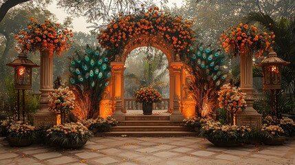 Beautifully Decorated Outdoor Wedding Venue Surrounded by Vibrant Flowers and Lush Greenery with Illuminated Arch and Stunning Peacocks in Enchanting Setting