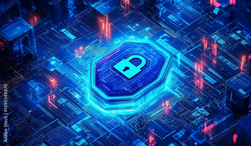 Poster futuristic security shield icon with padlock for identity threat detection and cloud management