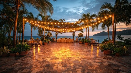 Romantic outdoor wedding venue at sunset with string lights illuminating tropical surroundings and scenic ocean view, ideal for elegant celebrations and memorable events.