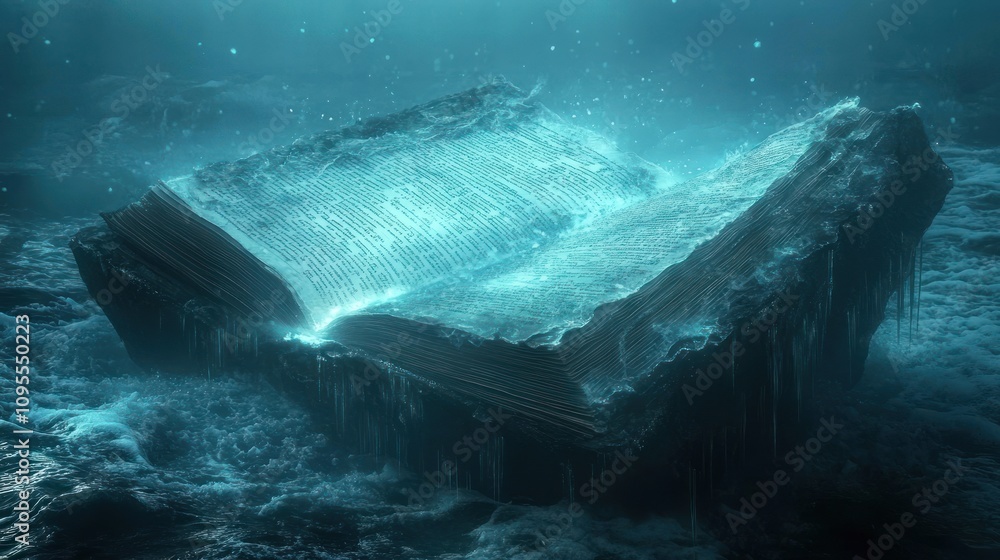 Poster an ethereal, illuminated book submerged in water, creating a mystical atmosphere.