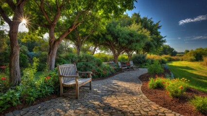 A serene garden path with benches, lush greenery, and vibrant flowers under a clear sky.