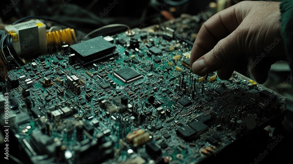 Poster close-up of a hand working on a complex electronic circuit board, showcasing components and connecti