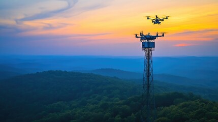 Obraz premium Aerial View of a Drone Flying Over a Communication Tower at Sunset with Vibrant Colors and Breathtaking Mountain Landscape in the Background