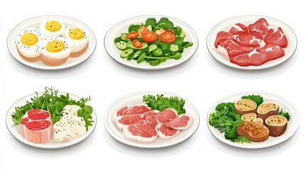 Assorted Healthy Meal Options: Eggs, Salad, Meat, and Potatoes