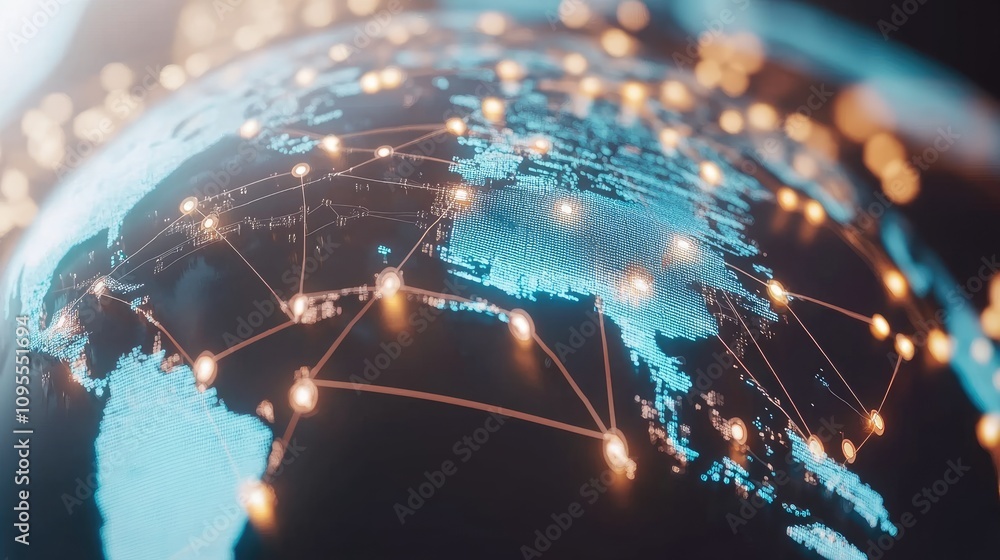 Poster global digital network connections over earth showing a colorful map with bright lights and data vis