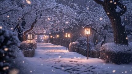 A serene winter pathway illuminated by lanterns, surrounded by snow-covered trees.