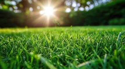 Naklejka premium Lush Green Grass Under Beautiful Sunlight with Bokeh Effect Creating a Serene and Tranquil Outdoor Atmosphere for Nature Lovers and Garden Enthusiasts