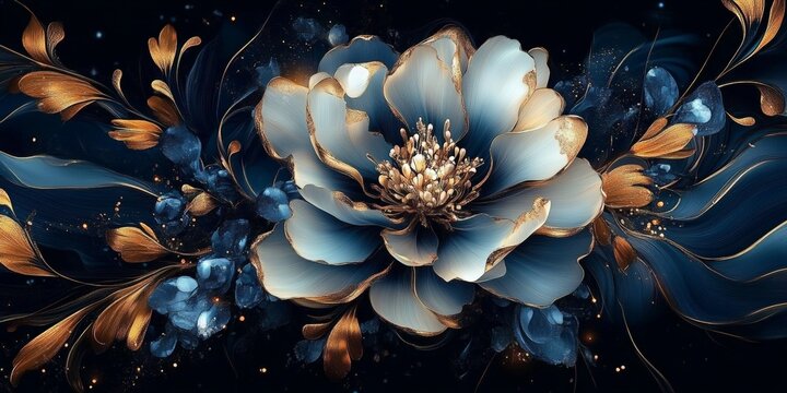 intricate flower digital art white gold accents blue hues abstract flowing elements dark gradient background