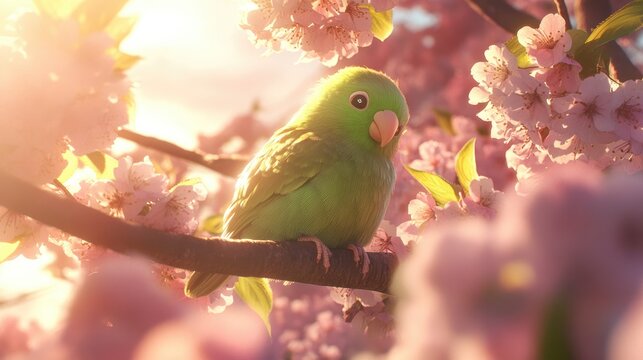 A vibrant green parakeet perched on a blossoming cherry tree branch, surrounded by delicate pink flowers under soft sunlight in a serene spring setting