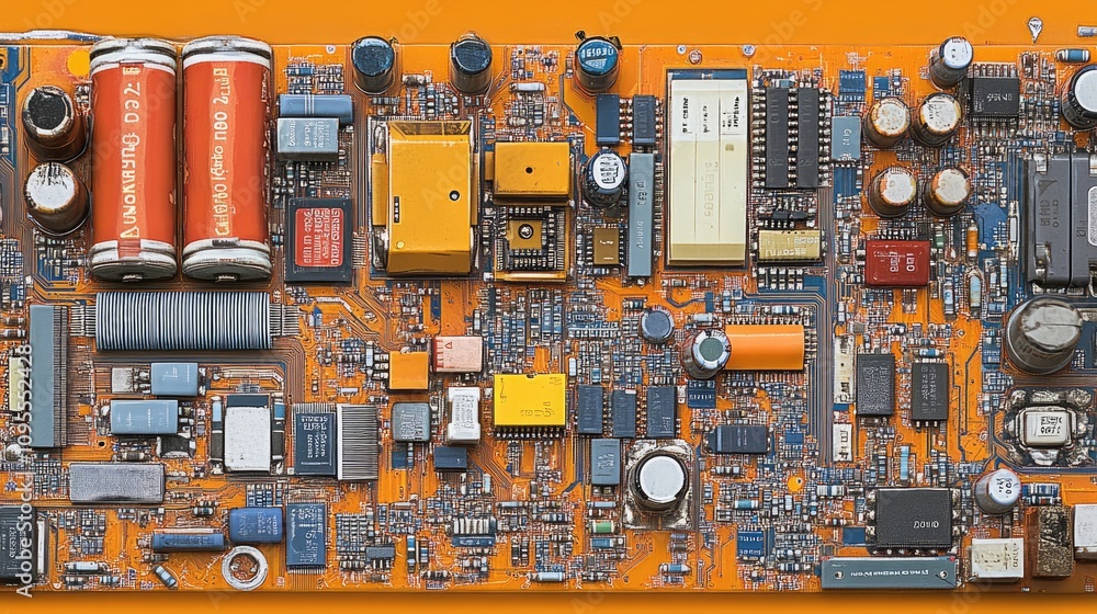 Poster detailed close-up of a vintage electronic circuit board with various components on an orange backgro